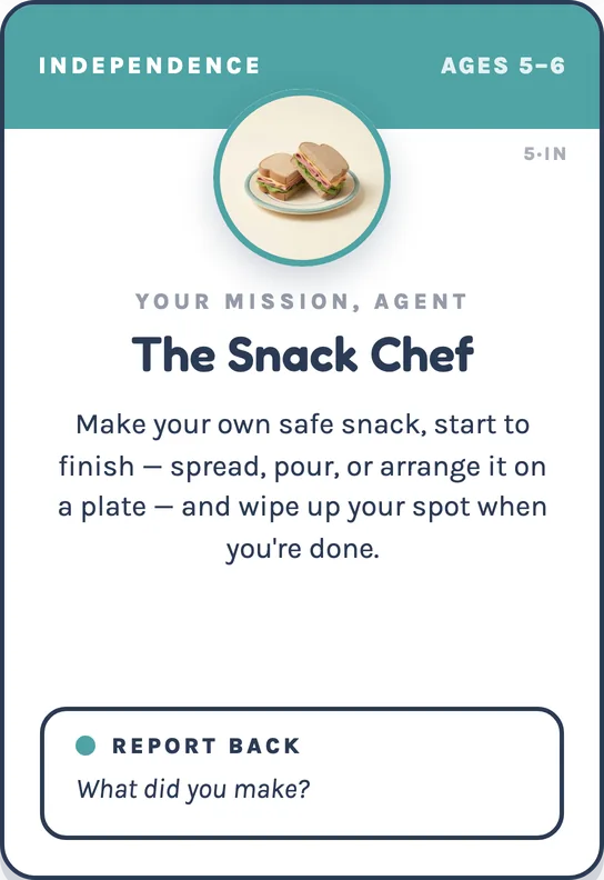 Screen-free gentle parenting mission card, Ages 5–6 deck back — The Snack Chef mission with report back