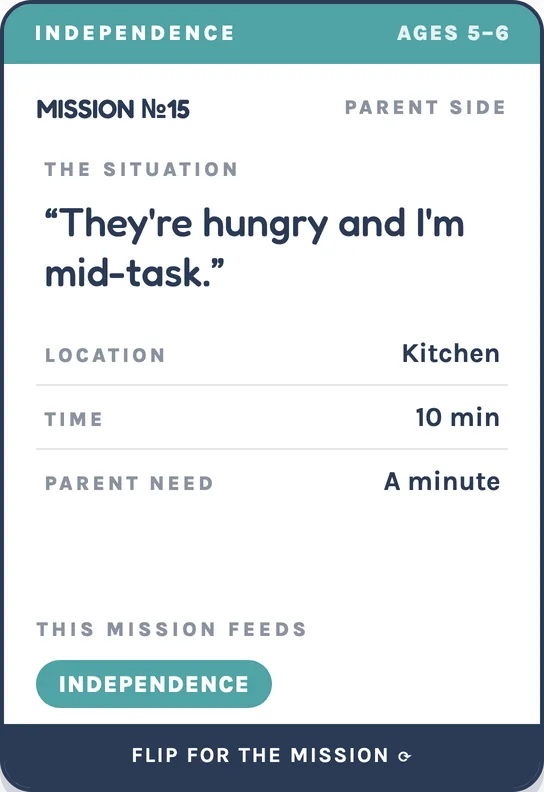 Screen-free gentle parenting mission card, Ages 5–6 deck front — Independence: They’re hungry and I’m mid-task