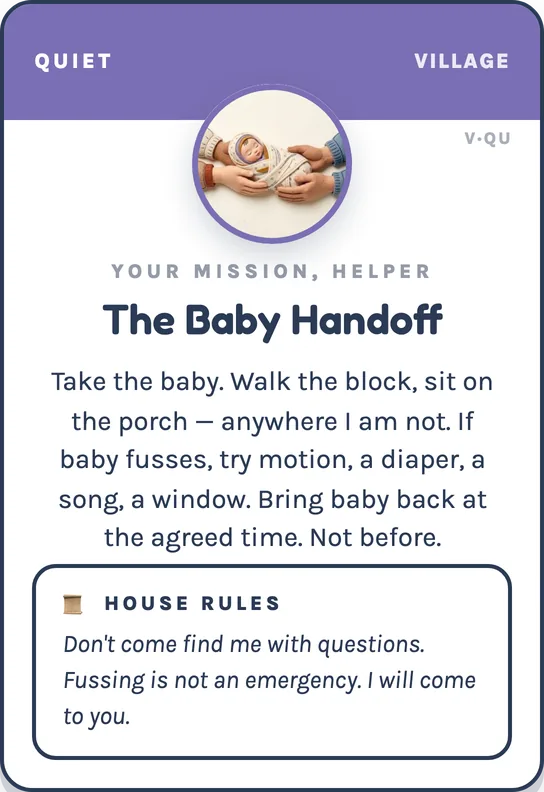 Screen-free gentle parenting mission card, Village deck back — The Baby Handoff mission with report back