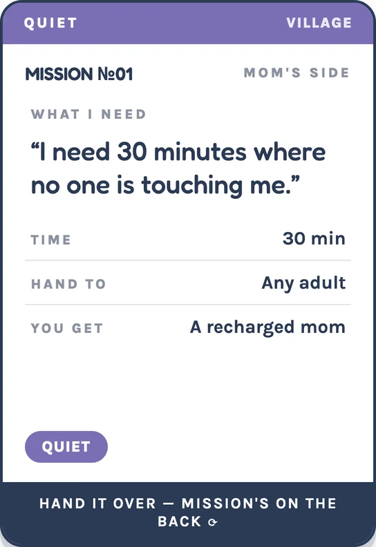 Screen-free gentle parenting mission card, Village deck front — Quiet: I need 30 minutes where no one is touching me